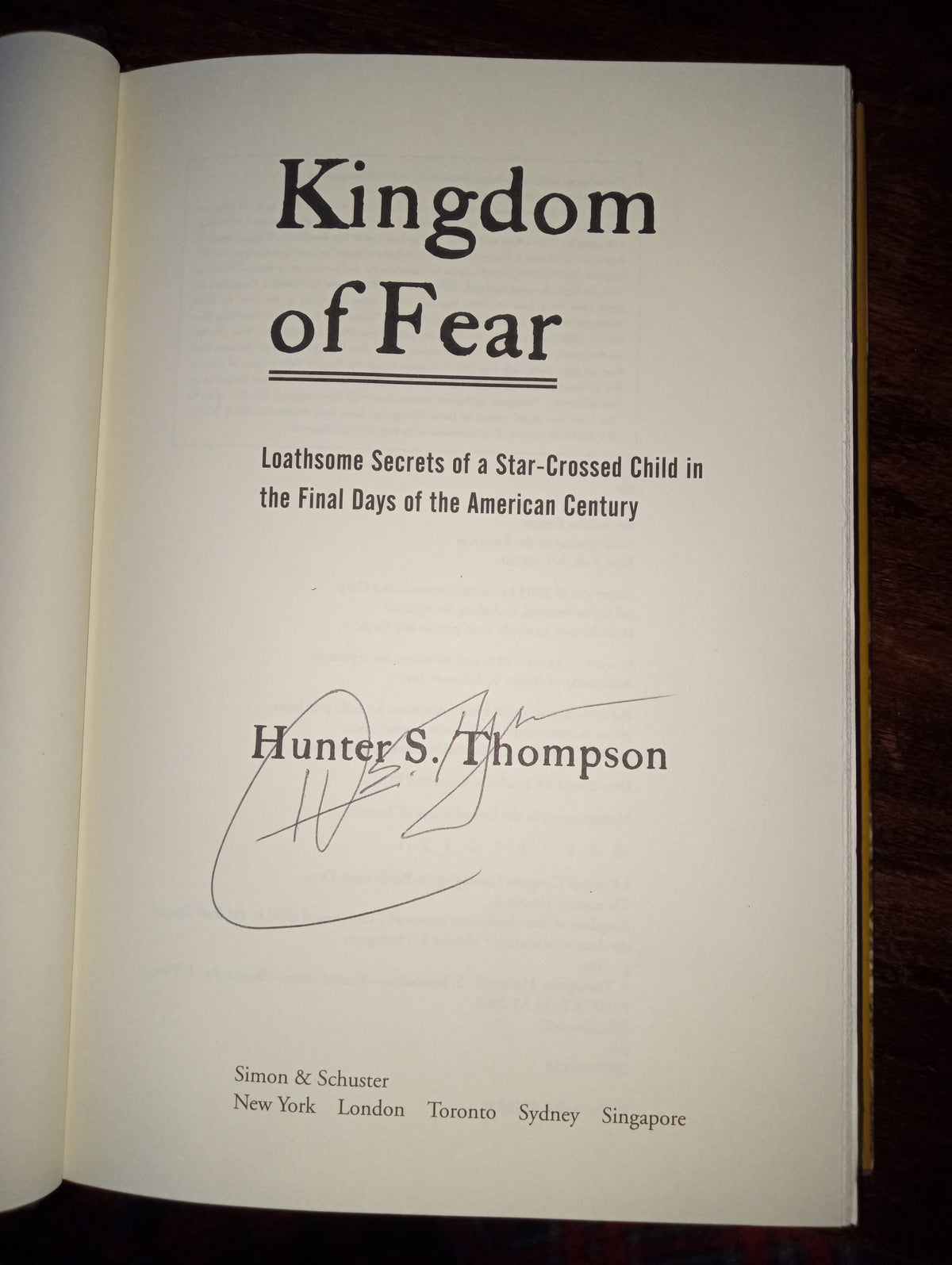 Hunter S Thompson autographed book